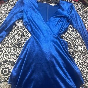 Royal Blue Velvet Rhinestone Trim Cut-out Mini Dress
